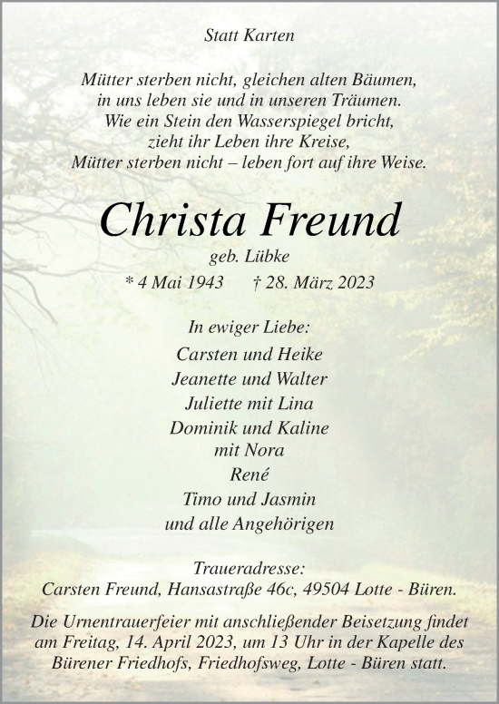 Traueranzeige von Christa Freund von Neue Osnabrücker Zeitung GmbH & Co. KG