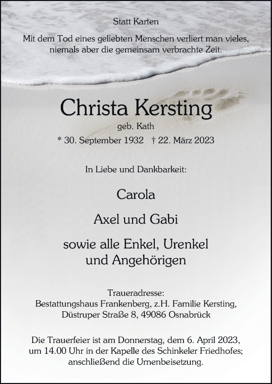 Traueranzeige von Christa Kersting von Neue Osnabrücker Zeitung GmbH & Co. KG