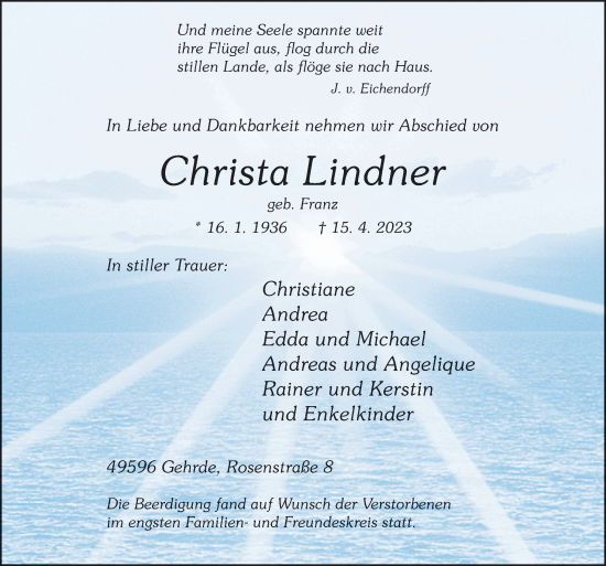 Traueranzeige von Christa Lindner von Neue Osnabrücker Zeitung GmbH & Co. KG