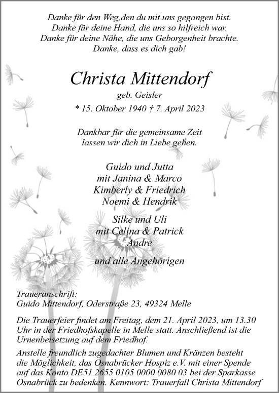 Traueranzeige von Christa Mittendorf von Neue Osnabrücker Zeitung GmbH & Co. KG