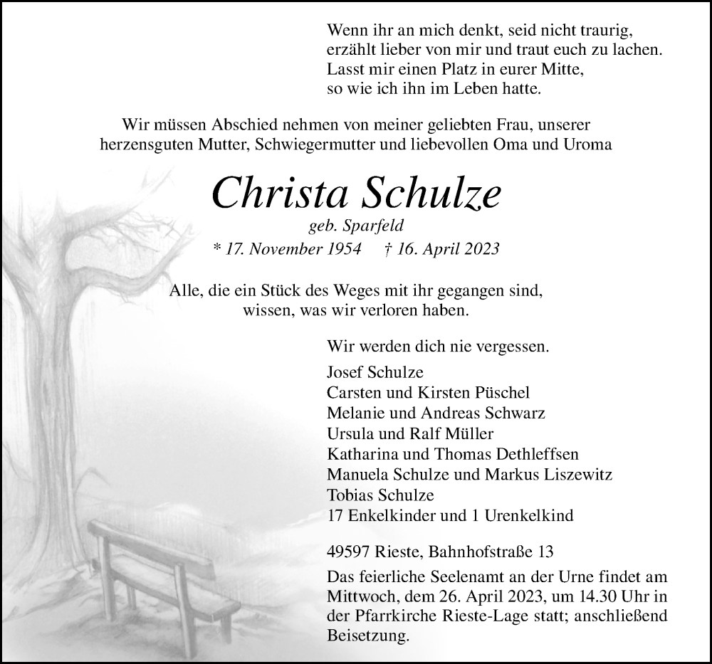  Traueranzeige für Christa Schulze vom 22.04.2023 aus Neue Osnabrücker Zeitung GmbH & Co. KG