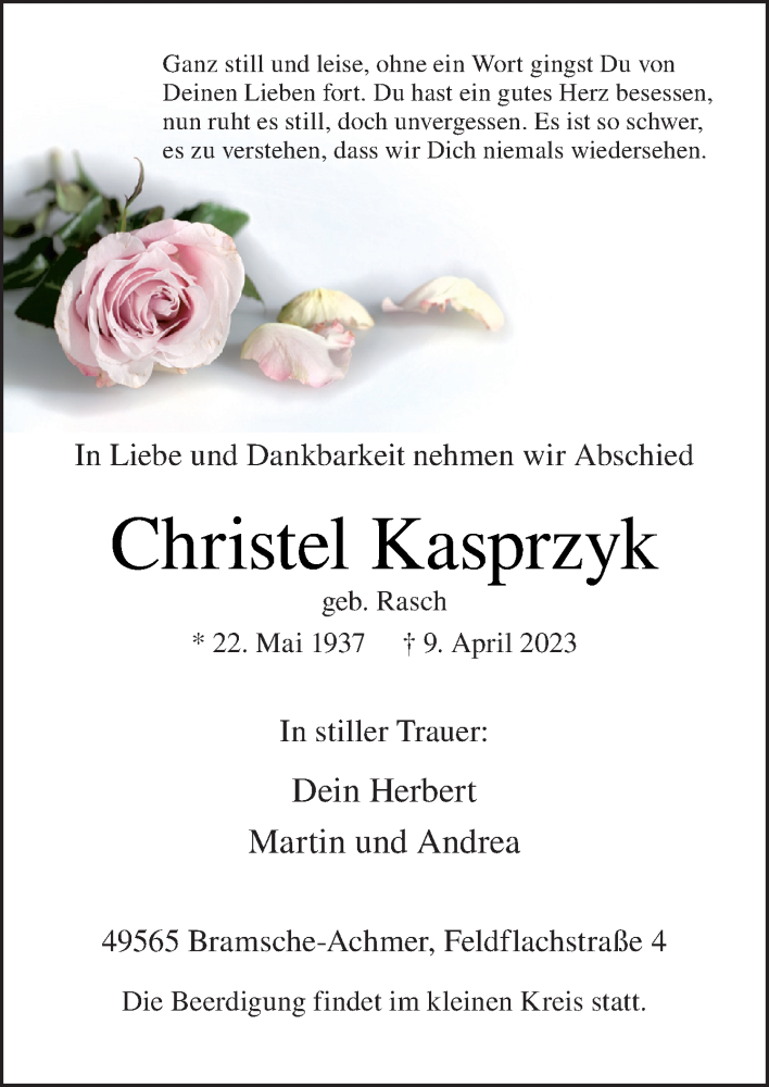  Traueranzeige für Christel Kasprzyk vom 15.04.2023 aus Neue Osnabrücker Zeitung GmbH & Co. KG