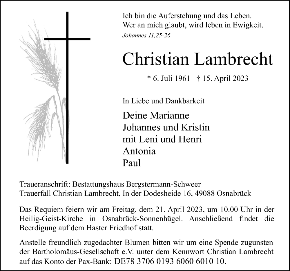  Traueranzeige für Christian Lambrecht vom 19.04.2023 aus Neue Osnabrücker Zeitung GmbH & Co. KG