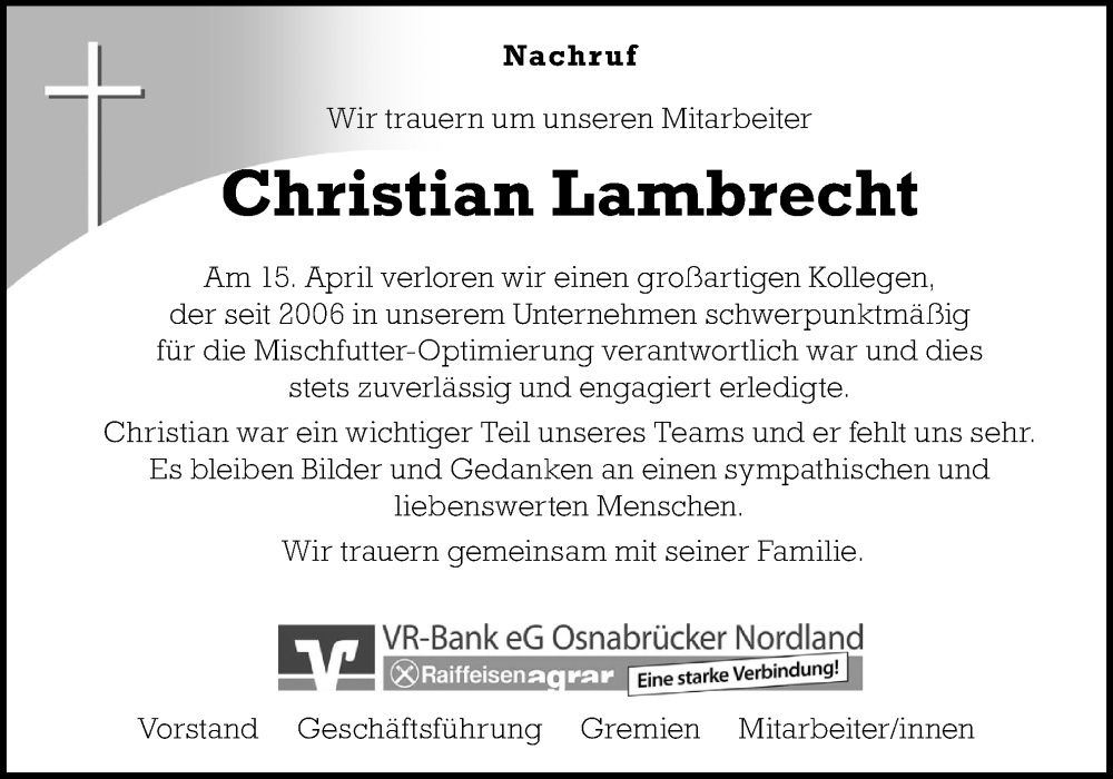 Traueranzeige für Christian Lambrecht vom 21.04.2023 aus Neue Osnabrücker Zeitung GmbH & Co. KG