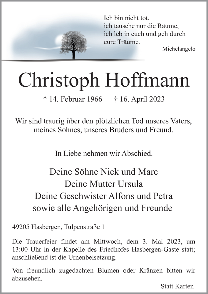  Traueranzeige für Christoph Hoffmann vom 29.04.2023 aus Neue Osnabrücker Zeitung GmbH & Co. KG