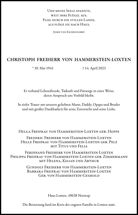 Traueranzeige von Christoph Freiherr von Hammerstein-Loxten von Neue Osnabrücker Zeitung GmbH & Co. KG