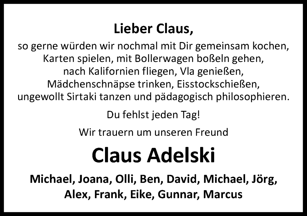  Traueranzeige für Claus Adelski vom 14.04.2023 aus Neue Osnabrücker Zeitung GmbH & Co. KG