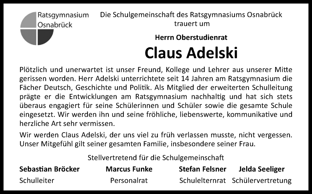  Traueranzeige für Claus Adelski vom 08.04.2023 aus Neue Osnabrücker Zeitung GmbH & Co. KG