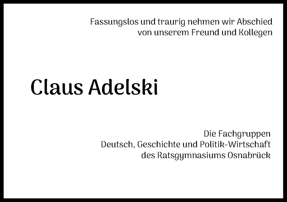  Traueranzeige für Claus Adelski vom 12.04.2023 aus Neue Osnabrücker Zeitung GmbH & Co. KG