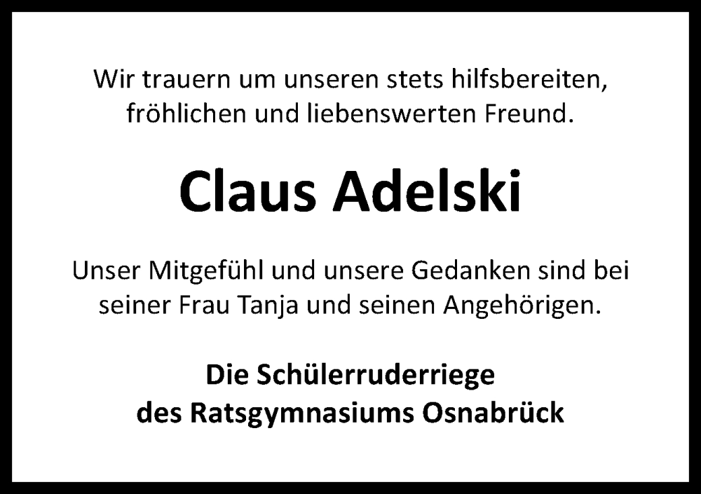  Traueranzeige für Claus Adelski vom 08.04.2023 aus Neue Osnabrücker Zeitung GmbH & Co. KG