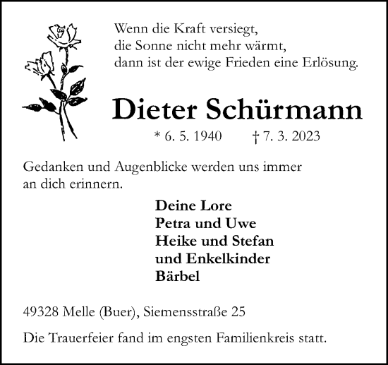 Traueranzeige von Dieter Schürmann von Neue Osnabrücker Zeitung GmbH & Co. KG