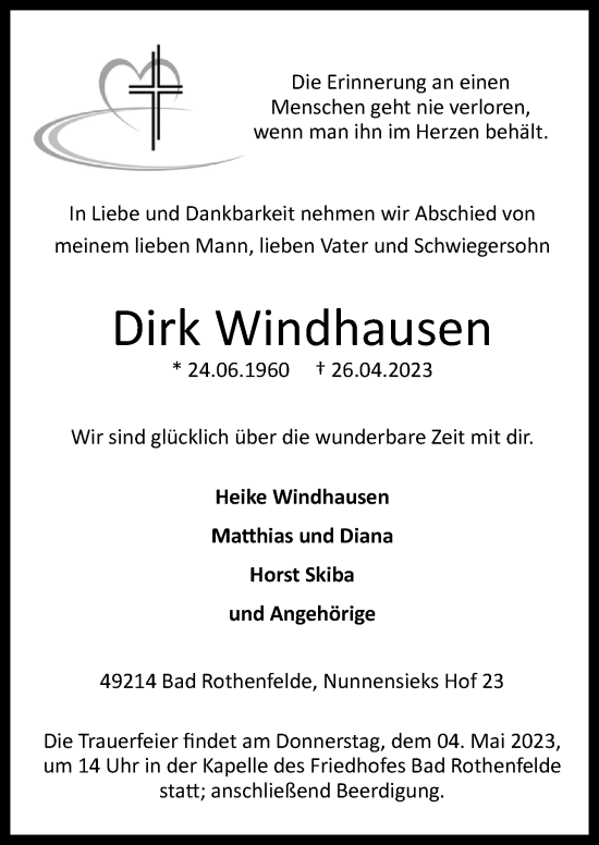 Traueranzeige von Dirk Windhausen von Neue Osnabrücker Zeitung GmbH & Co. KG