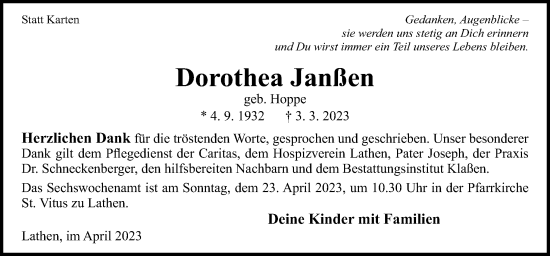 Traueranzeige von Dorothea Janßen von Neue Osnabrücker Zeitung GmbH & Co. KG