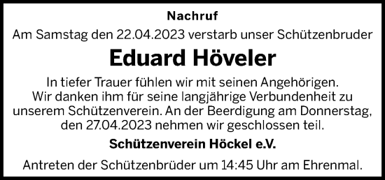 Traueranzeige von Eduard Höveler von Neue Osnabrücker Zeitung GmbH & Co. KG