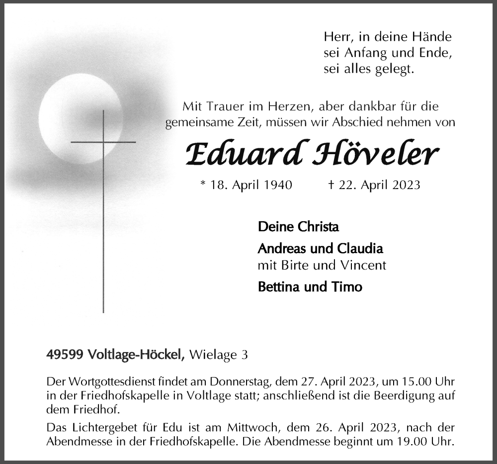  Traueranzeige für Eduard Höveler vom 24.04.2023 aus Neue Osnabrücker Zeitung GmbH & Co. KG