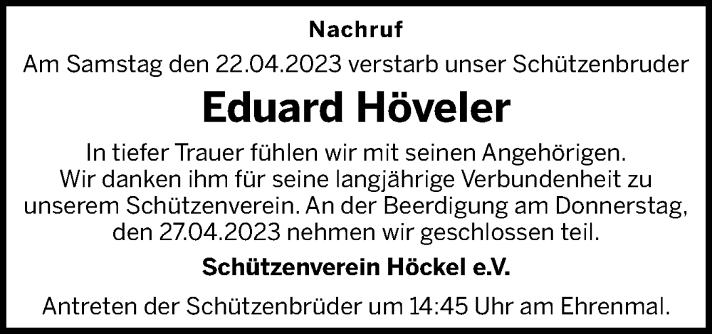  Traueranzeige für Eduard Höveler vom 25.04.2023 aus Neue Osnabrücker Zeitung GmbH & Co. KG