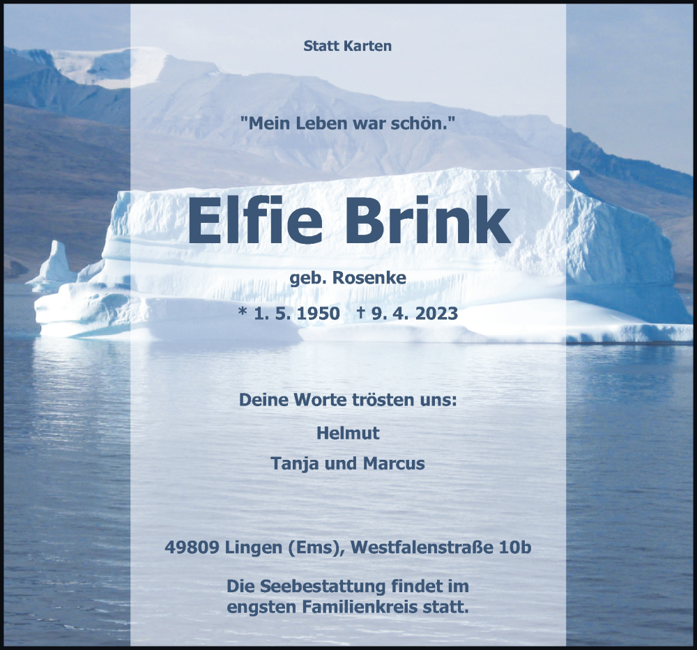  Traueranzeige für Elfie Brink vom 15.04.2023 aus Neue Osnabrücker Zeitung GmbH & Co. KG