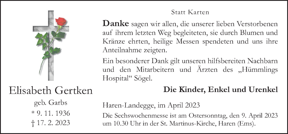  Traueranzeige für Elisabeth Gertken vom 05.04.2023 aus Neue Osnabrücker Zeitung GmbH & Co. KG