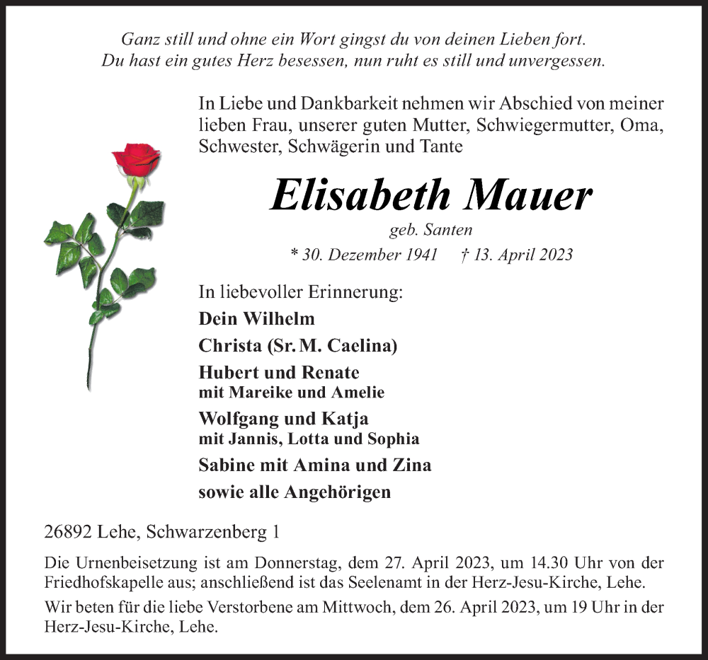  Traueranzeige für Elisabeth Mauer vom 17.04.2023 aus Neue Osnabrücker Zeitung GmbH & Co. KG