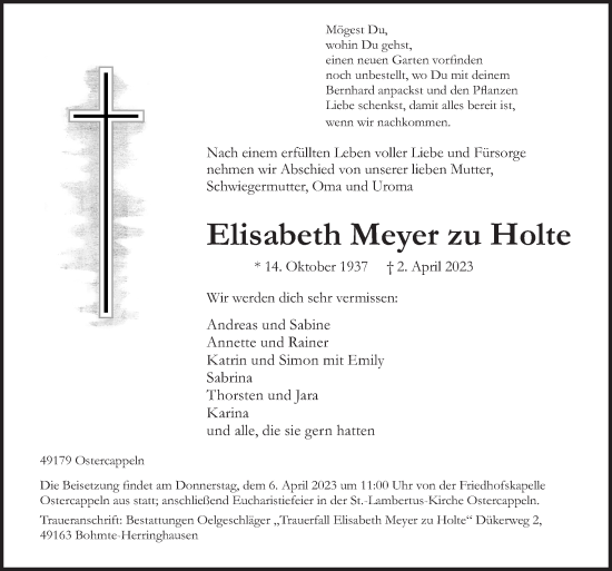 Traueranzeige von Elisabeth Meyer zu Holte von Neue Osnabrücker Zeitung GmbH & Co. KG