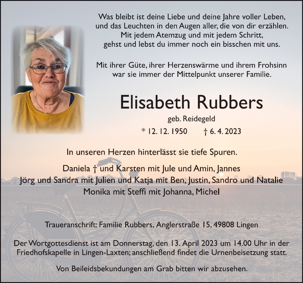  Traueranzeige für Elisabeth Rubbers vom 11.04.2023 aus Neue Osnabrücker Zeitung GmbH & Co. KG