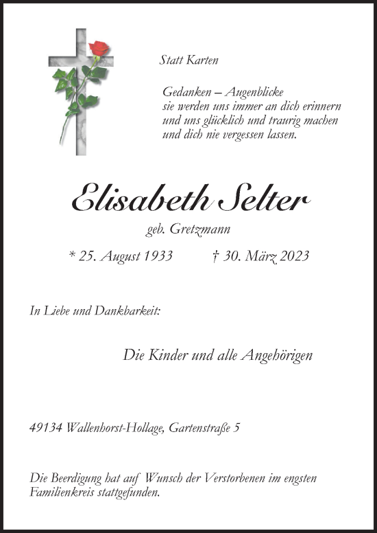 Traueranzeige von Elisabeth Selter von Neue Osnabrücker Zeitung GmbH & Co. KG