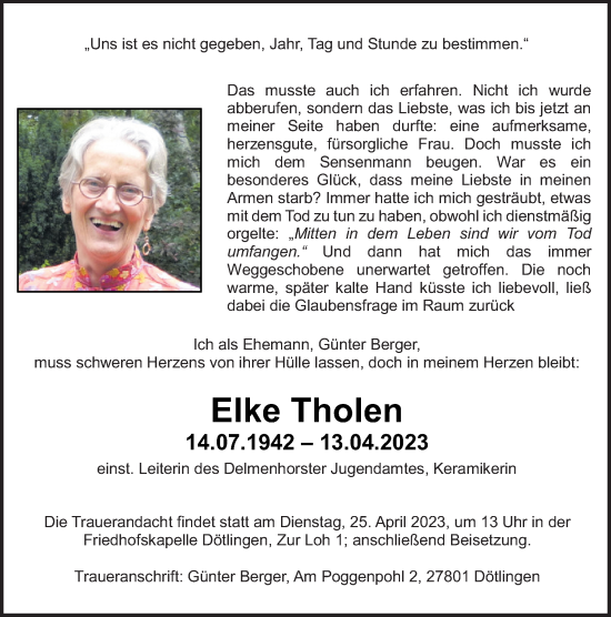 Traueranzeige von Elke Tholen von DK Medien GmbH & Co. KG