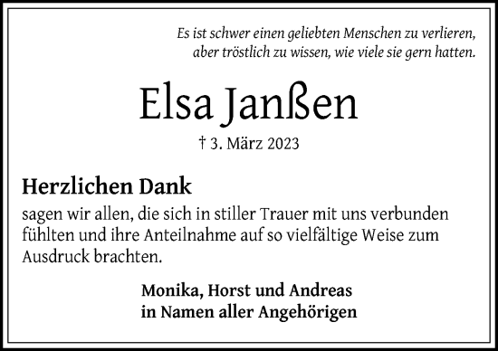 Traueranzeige von Elsa Janßen von DK Medien GmbH & Co. KG