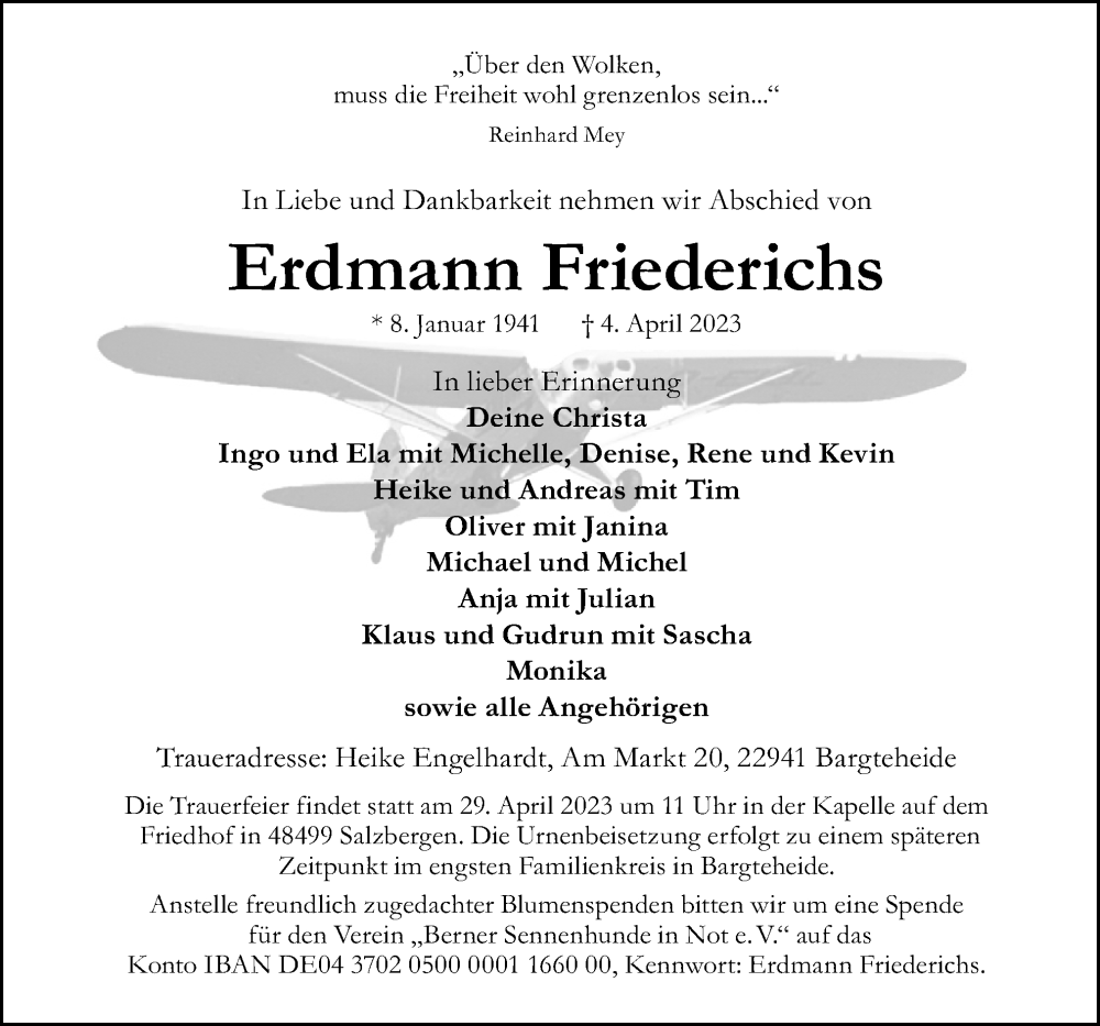  Traueranzeige für Erdmann Friederichs vom 15.04.2023 aus Neue Osnabrücker Zeitung GmbH & Co. KG