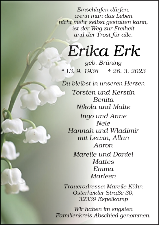 Traueranzeige von Erika Erk von Neue Osnabrücker Zeitung GmbH & Co. KG