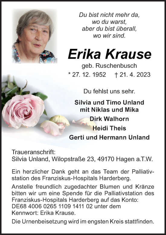 Traueranzeige von Erika Krause von Neue Osnabrücker Zeitung GmbH & Co. KG