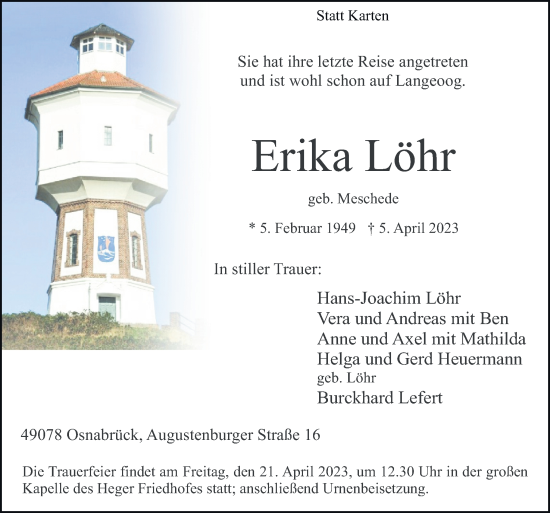 Traueranzeige von Erika Löhr von Neue Osnabrücker Zeitung GmbH & Co. KG