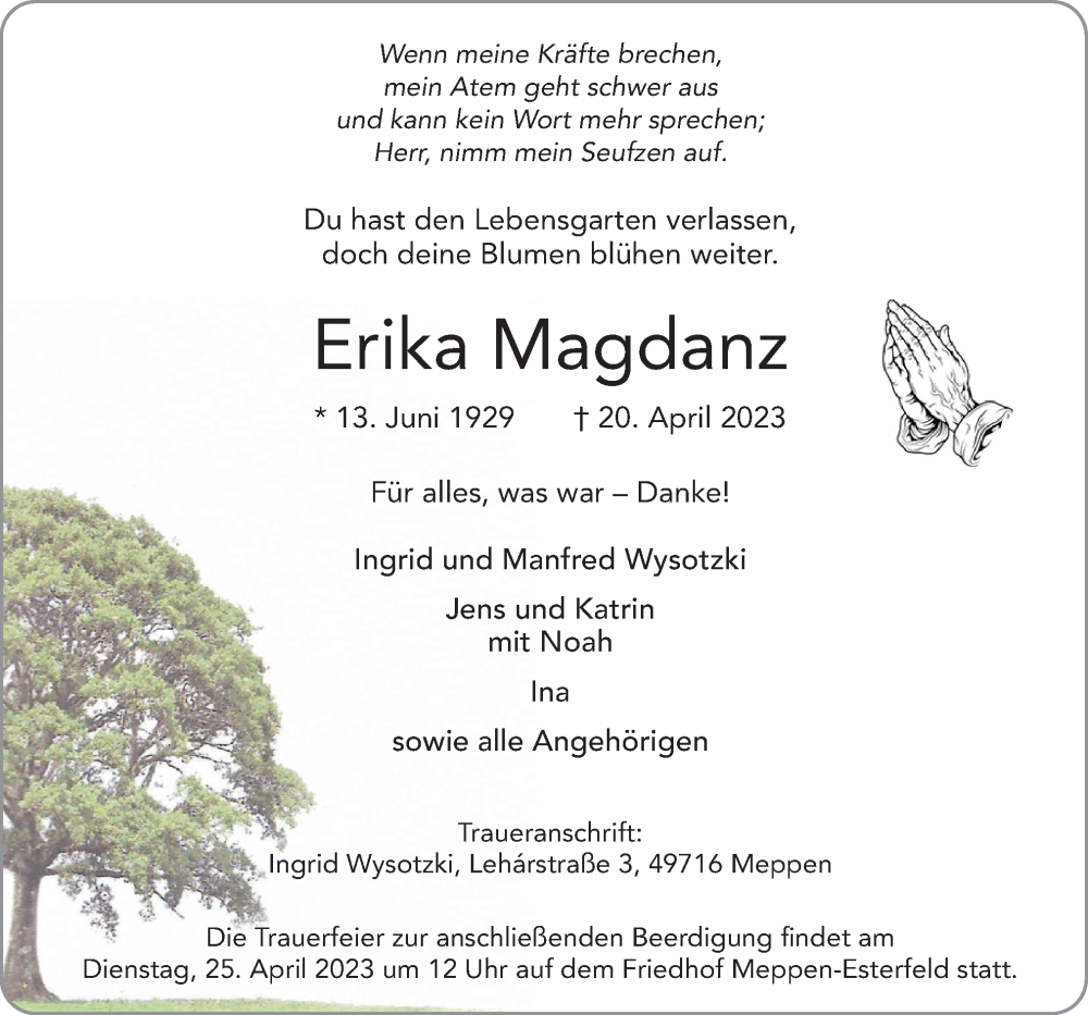  Traueranzeige für Erika Magdanz vom 22.04.2023 aus Neue Osnabrücker Zeitung GmbH & Co. KG