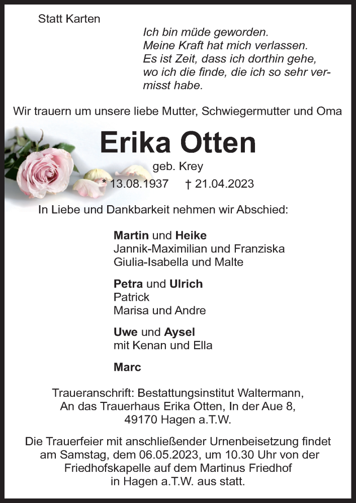 Traueranzeigen Von Erika Otten | Noz Trauerportal