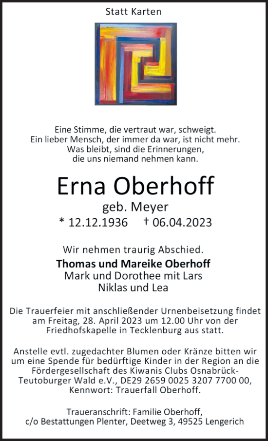 Traueranzeige von Erna Oberhoff von Neue Osnabrücker Zeitung GmbH & Co. KG