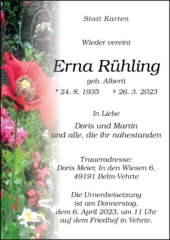 Traueranzeige von Erna Rühling von Neue Osnabrücker Zeitung GmbH & Co. KG