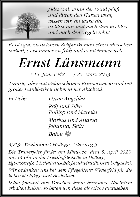 Traueranzeige von Ernst Lünsmann von Neue Osnabrücker Zeitung GmbH & Co. KG