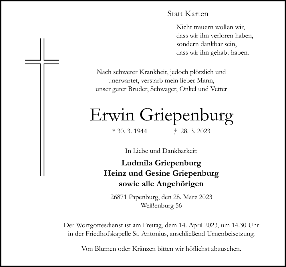  Traueranzeige für Erwin Griepenburg vom 08.04.2023 aus Neue Osnabrücker Zeitung GmbH & Co. KG