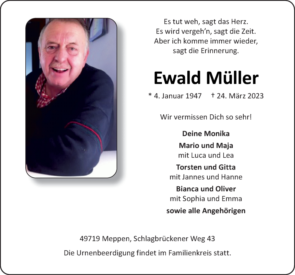  Traueranzeige für Ewald Müller vom 01.04.2023 aus Neue Osnabrücker Zeitung GmbH & Co. KG