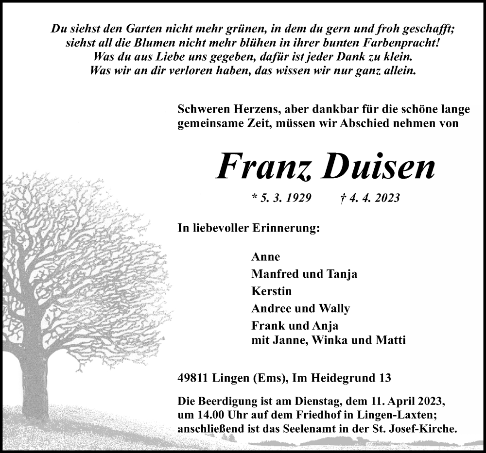  Traueranzeige für Franz Duisen vom 06.04.2023 aus Neue Osnabrücker Zeitung GmbH & Co. KG