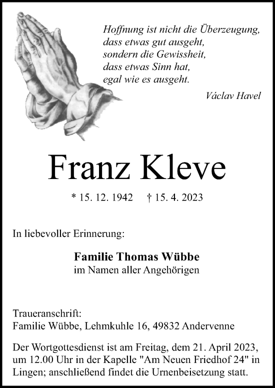 Traueranzeige von Franz Kleve von Neue Osnabrücker Zeitung GmbH & Co. KG