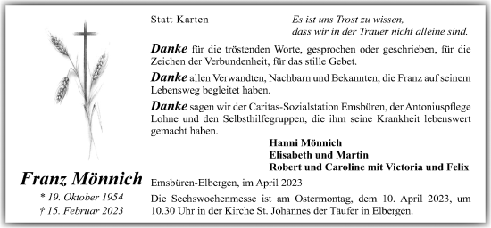 Traueranzeige von Franz Mönnich von Neue Osnabrücker Zeitung GmbH & Co. KG
