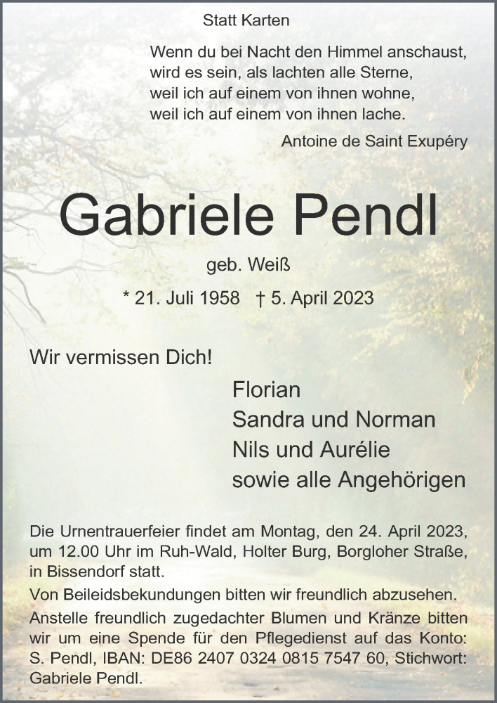  Traueranzeige für Gabriele Pendl vom 08.04.2023 aus Neue Osnabrücker Zeitung GmbH & Co. KG