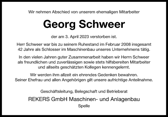 Traueranzeige von Georg Schweer von Neue Osnabrücker Zeitung GmbH & Co. KG