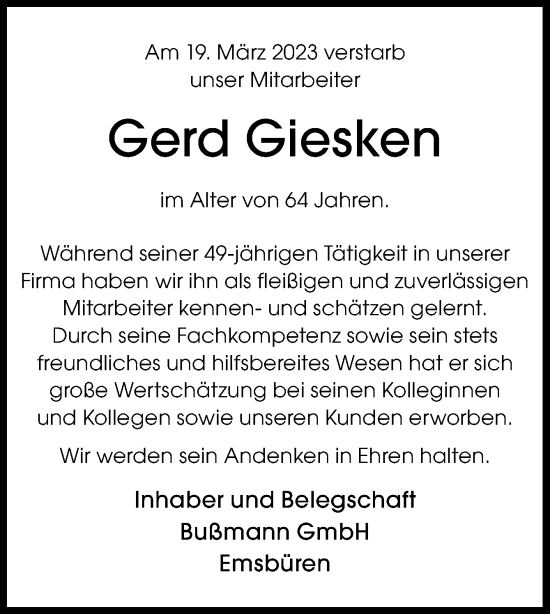Traueranzeige von Gerd Giesken von Neue Osnabrücker Zeitung GmbH & Co. KG