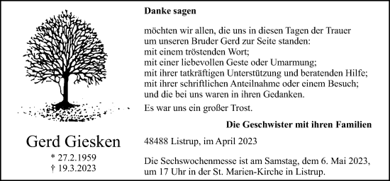 Traueranzeige von Gerd Giesken von Neue Osnabrücker Zeitung GmbH & Co. KG