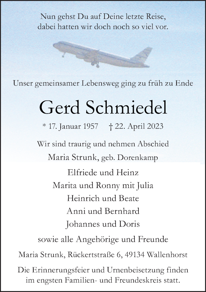  Traueranzeige für Gerd Schmiedel vom 27.04.2023 aus Neue Osnabrücker Zeitung GmbH & Co. KG