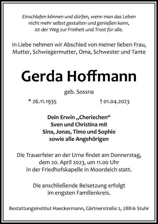 Traueranzeige von Gerda Hoffmann von DK Medien GmbH & Co. KG