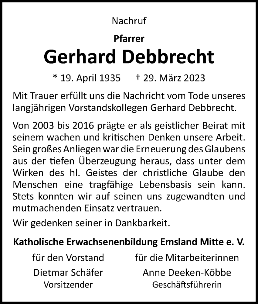  Traueranzeige für Gerhard Debbrecht vom 01.04.2023 aus Neue Osnabrücker Zeitung GmbH & Co. KG