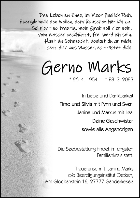 Traueranzeige von Gerno Marks von DK Medien GmbH & Co. KG